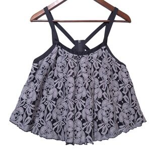 Free People‎ Strappy Lace Swing Cami Tank Top Floral Black S Coquette Flowy Boho